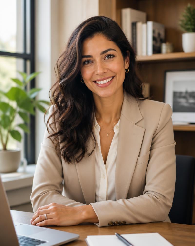 Confident business professional in a warm, sunlit office